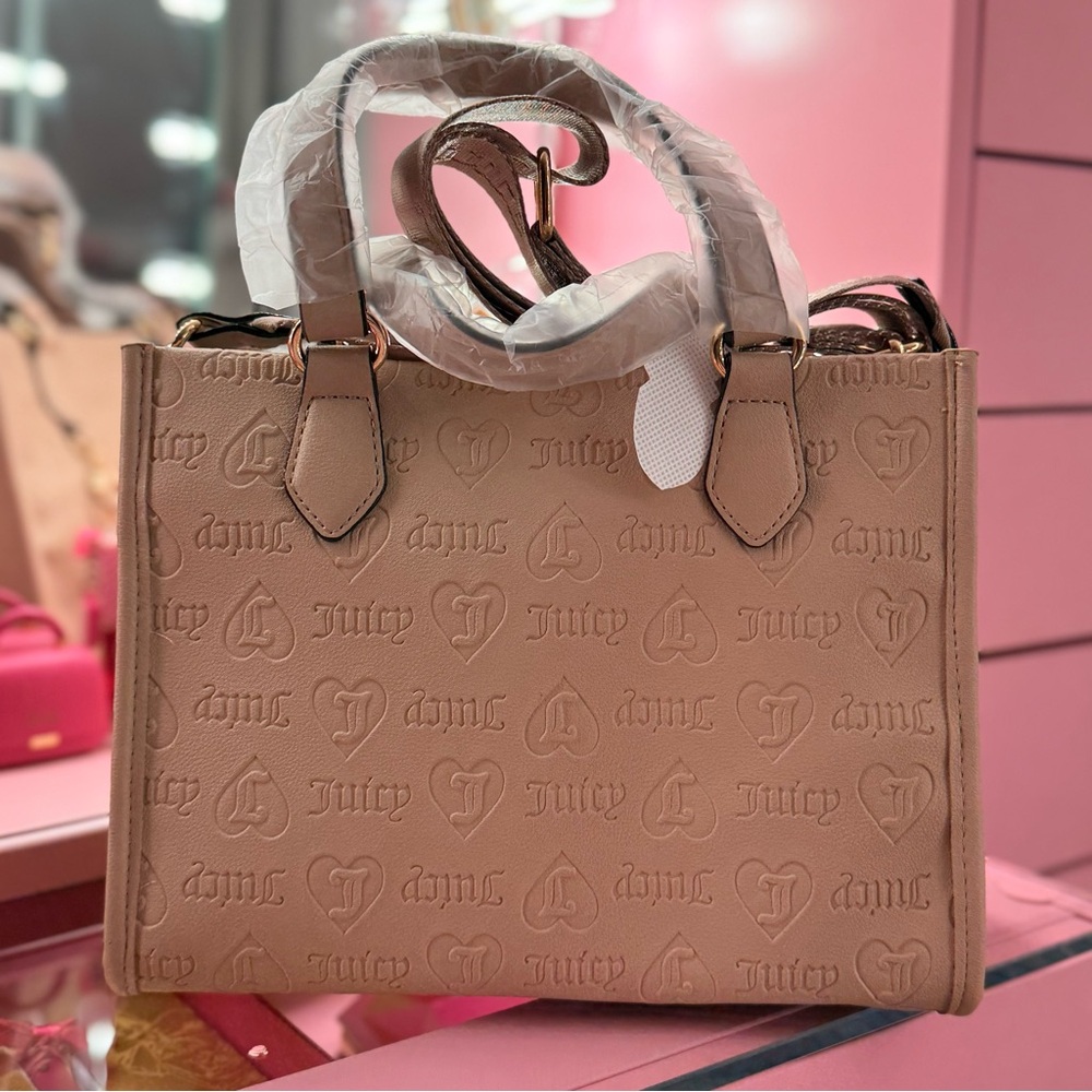 Juicy Couture Logo Mini Beige Cream Tote Web Strap Gold Heart Charm - Picture 4 of 6